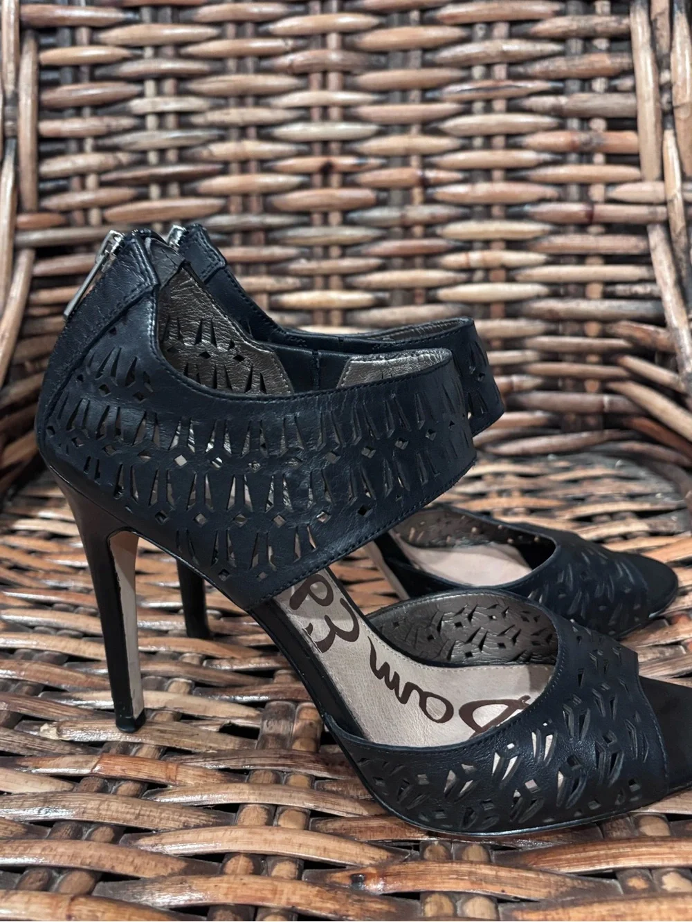Sam Edelman Black Laser-Cut Ankle-Strap Stiletto Heels in size 10